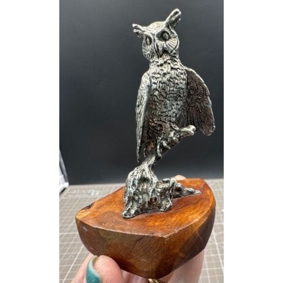 Vintage Pewter Horned Owl Figurine On Natural Wood Base - Picture 1 of 4